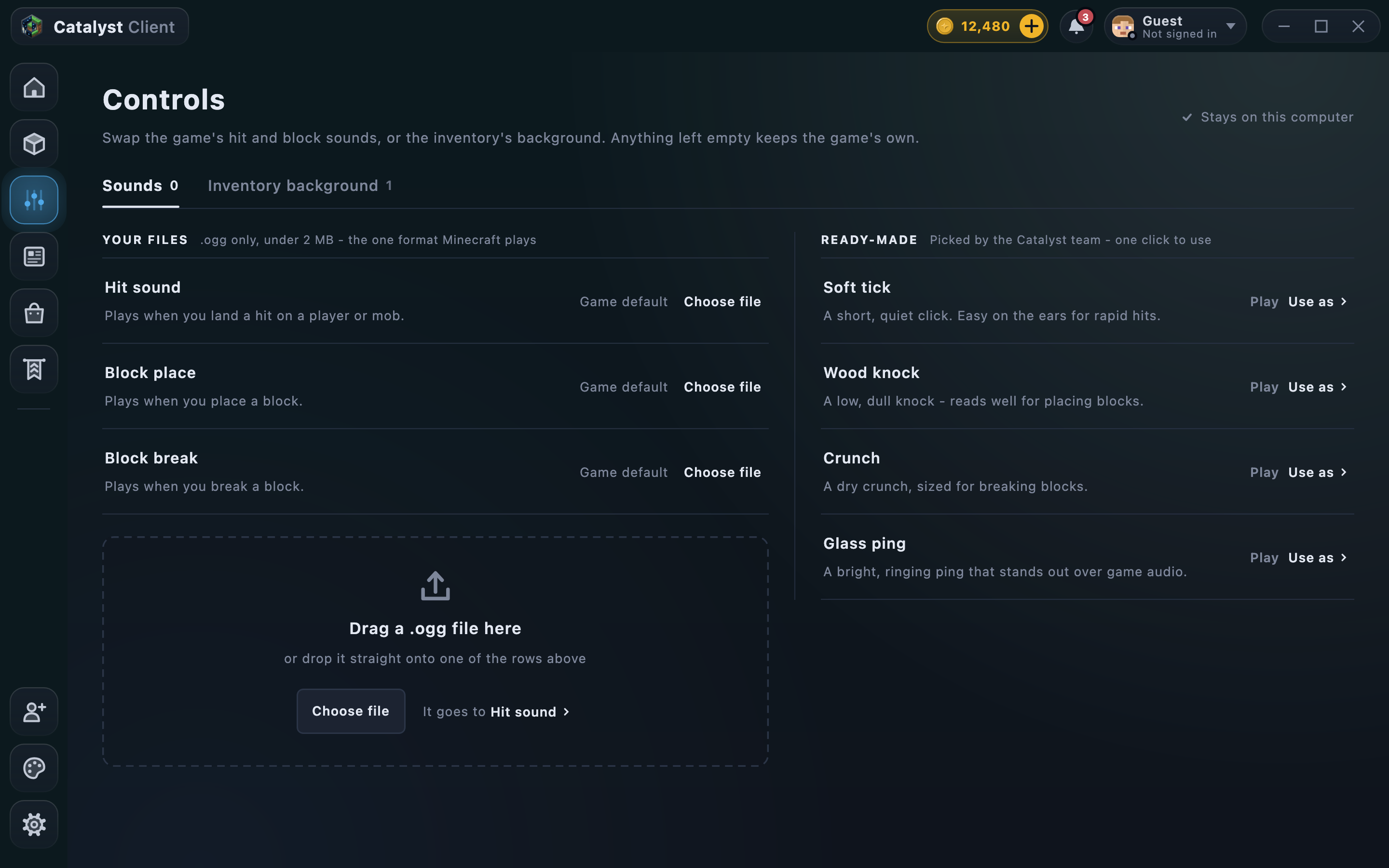 The launcher's Controls page with custom sound slots and ready-made sounds