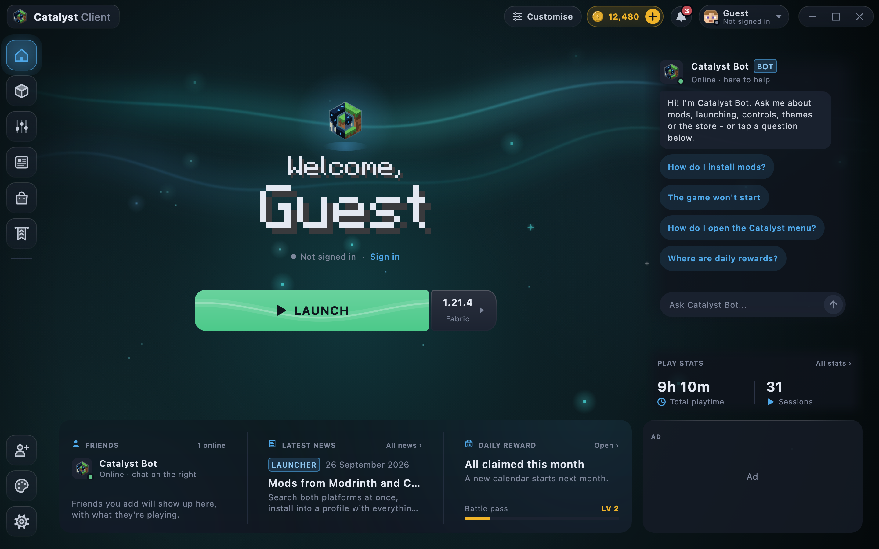 The Catalyst launcher's Home page: the Launch button, Catalyst Bot, play stats, latest news and the daily reward