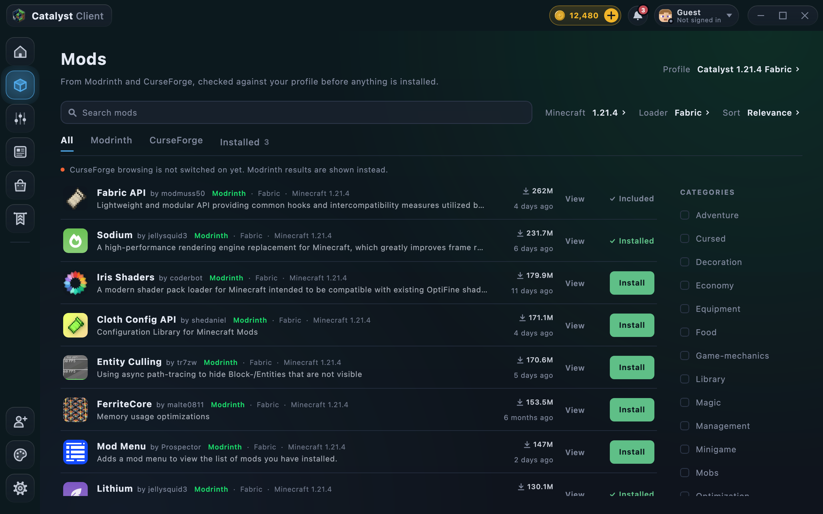 The launcher's Mods page listing Modrinth mods such as Fabric API, Sodium and Iris Shaders, with Install buttons