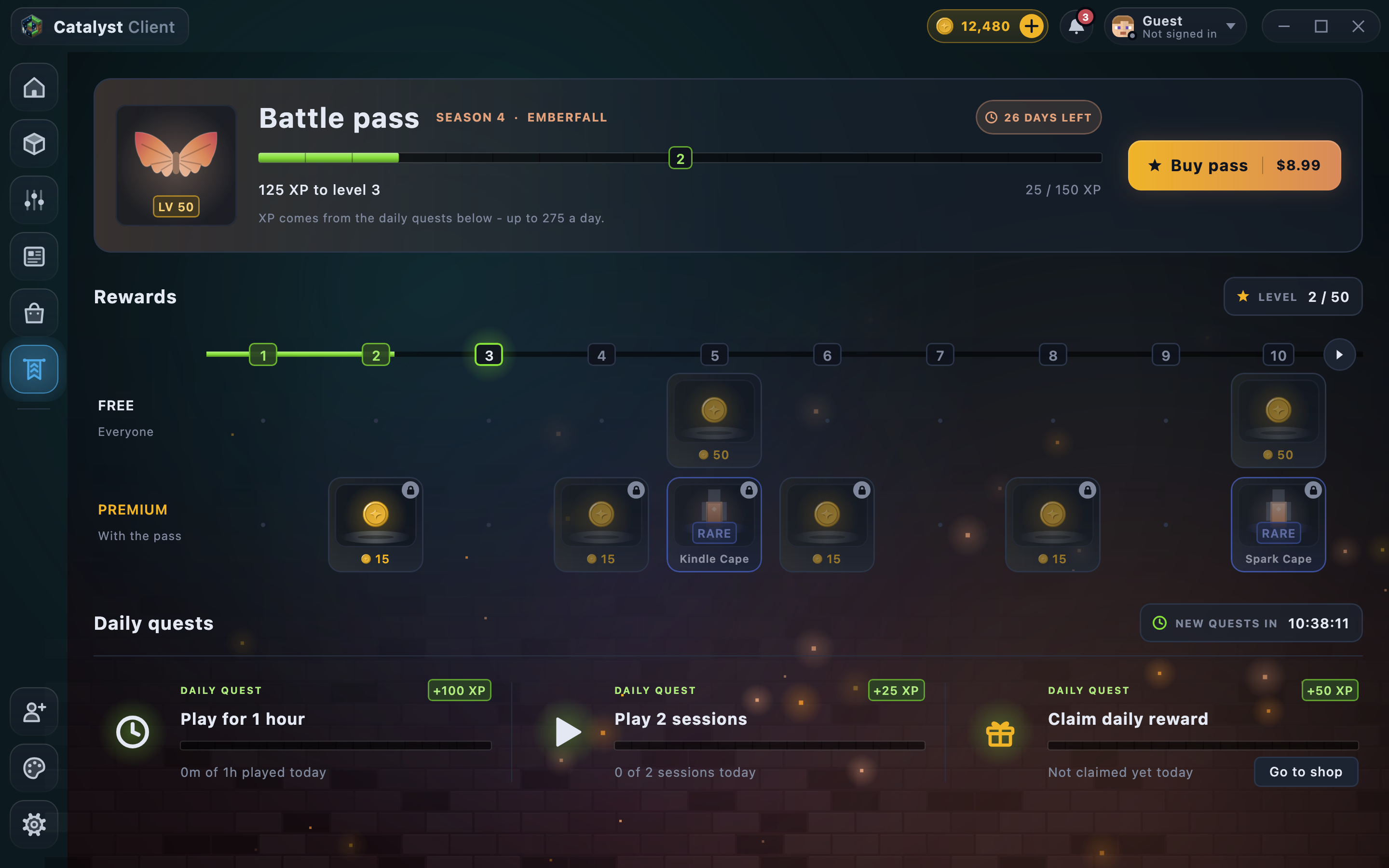 The launcher's Battle Pass page: the Season 4 Emberfall bar, the free and premium reward lanes, and three daily quests