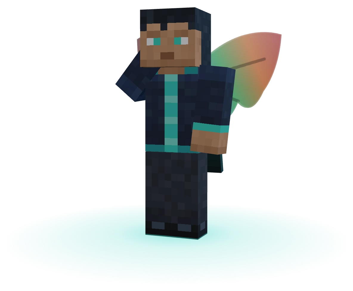 A player in the Sculk Cape and Prism Wings, waving