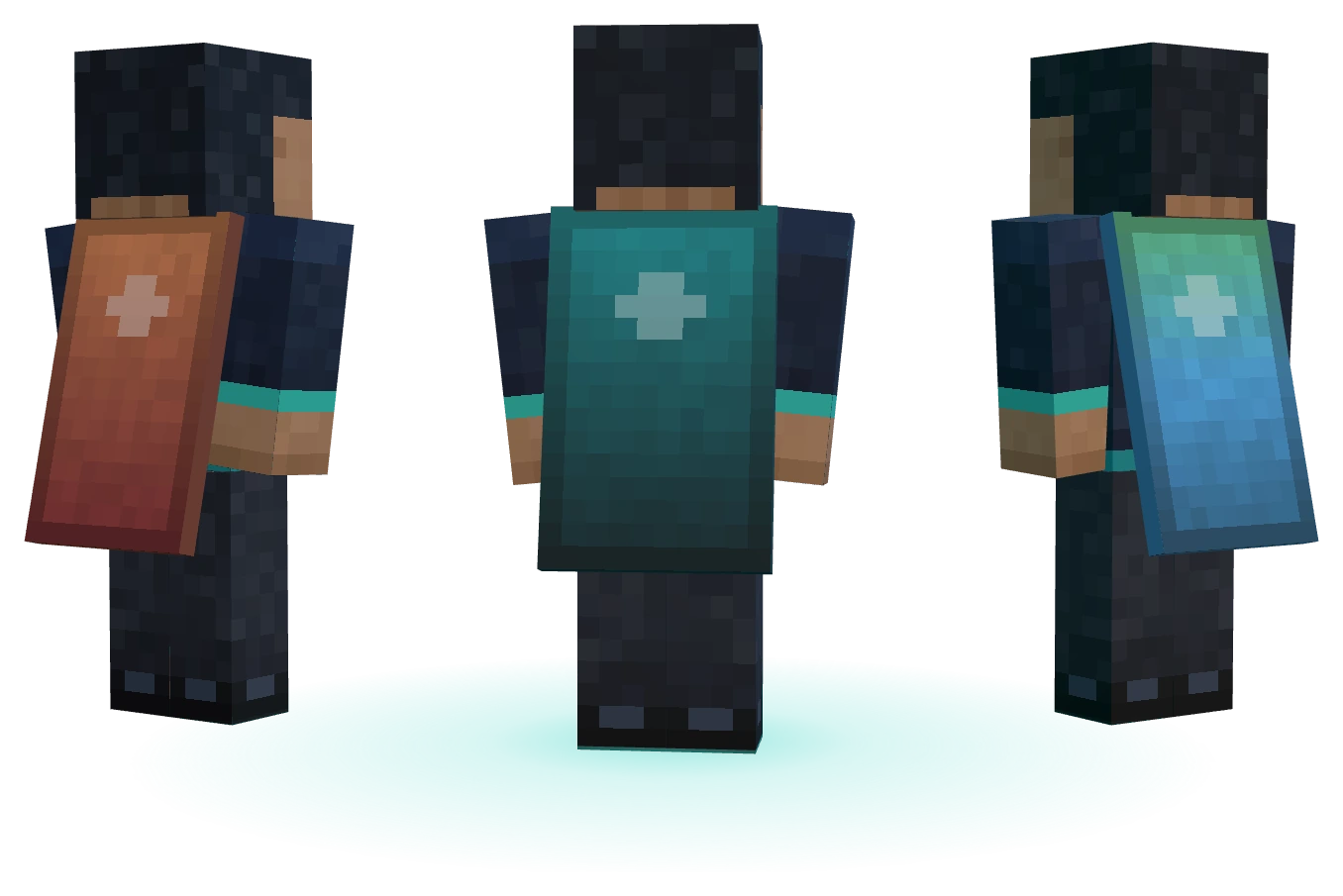 Three players seen from behind, wearing the Emberfall, Sculk and Aurora capes